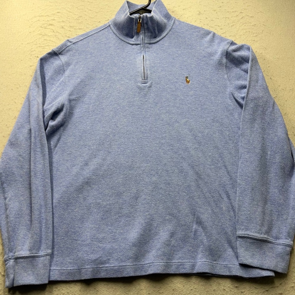 Polo Ralph Lauren‎ Mens Large Light Blue Estate Rib Cotton Quarter Zip Pullover